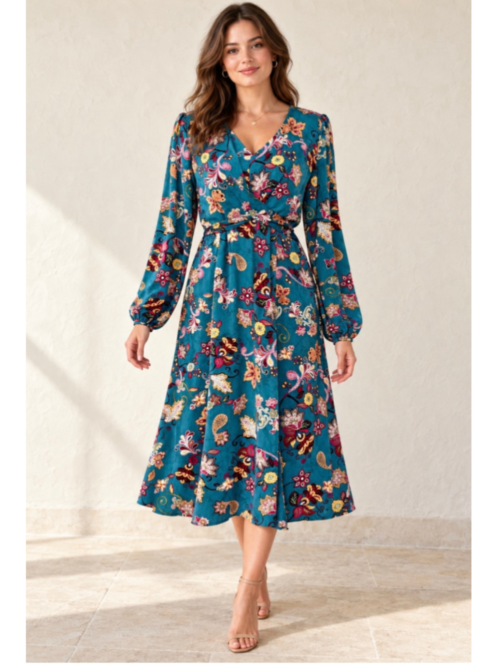 La Esquina Azul Dress Teal Floral Paisley Long Sleeve Twist Front Size M